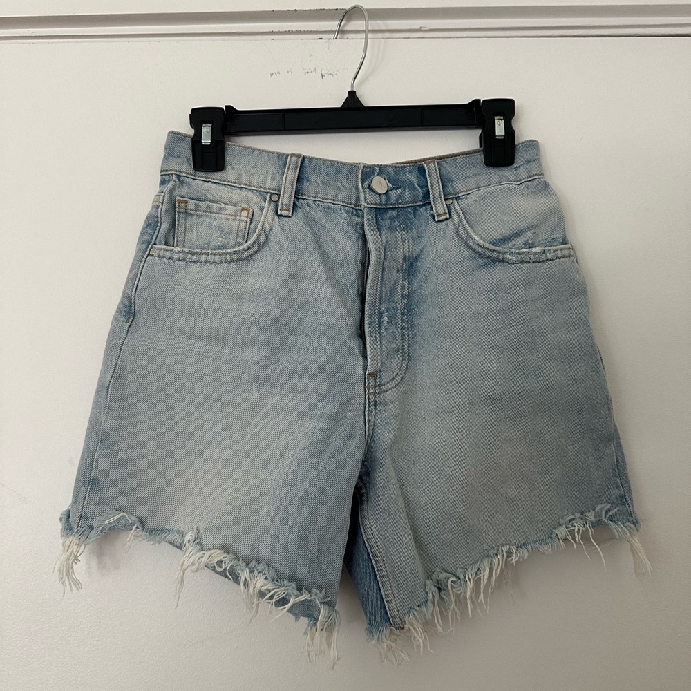 Anine Bing Kass Denim Shorts Light Wash High Rise Frayed Hem Size 25